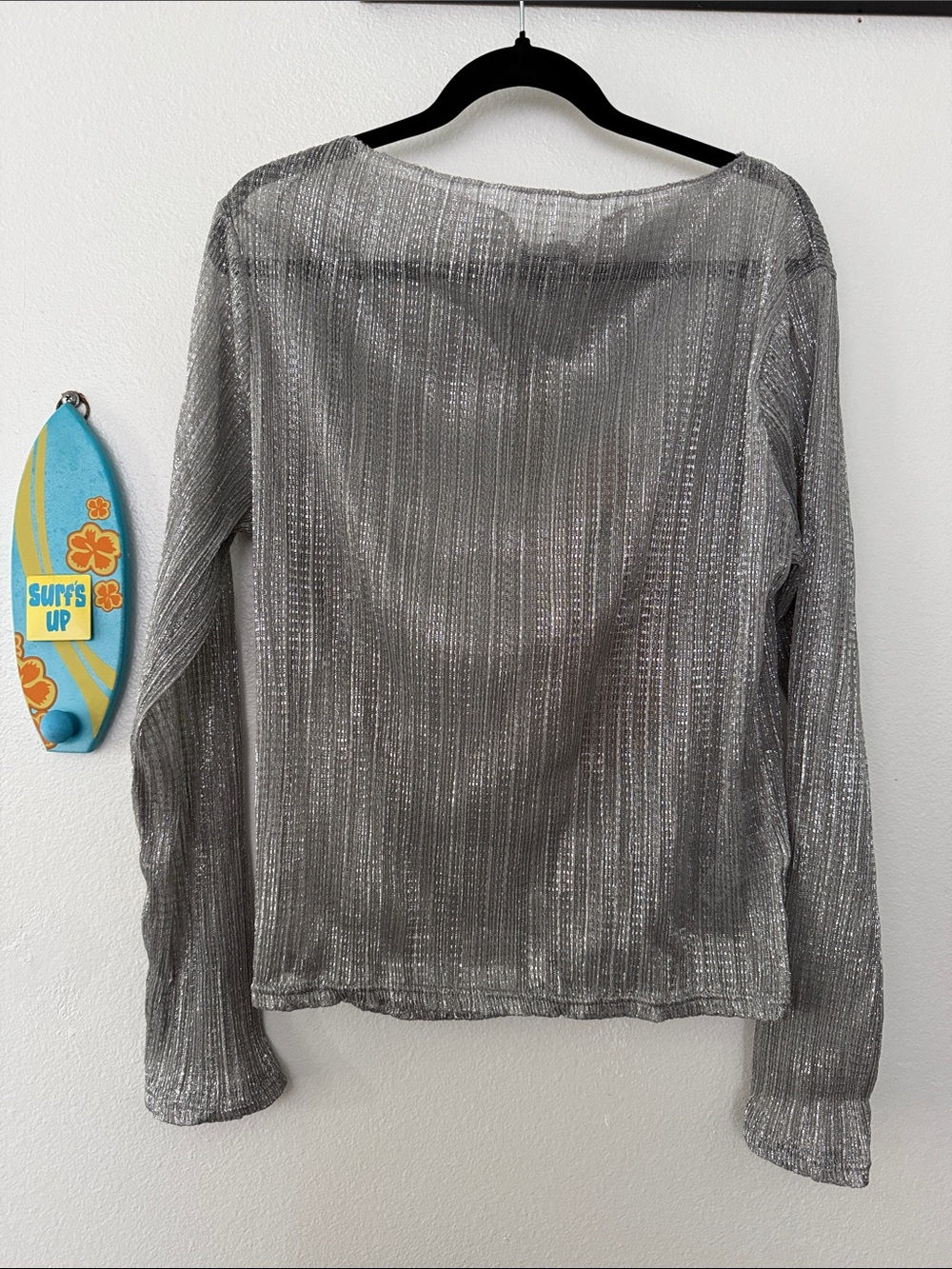 J.Crew Sheer Silver Metallic Ribbed Long Sleeve Boatneck Top